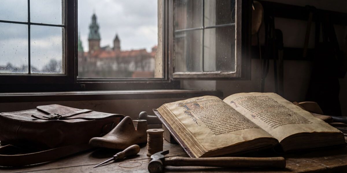 Stare, drewniane biurko pod oknem z widokiem na rozmyty Wawel w tle; na blacie leży otwarta, iluminowana księga przypominająca średniowieczną kronikę oraz skórzana torba i rzemieślnicze narzędzia, co przywołuje legendę o smoku i dawnym Krakowie, który wciąż opowiada swoje historie.