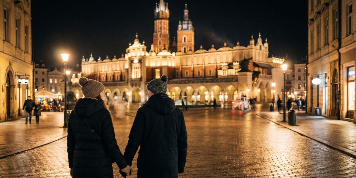Para w zimowych kurtkach i czapkach idzie za rękę po nocnym Rynku Głównym w Krakowie, w tle oświetlone Sukiennice i wieże kościoła Mariackiego, co tworzy romantyczną scenerię idealną na spokojne walentynki w mieście.