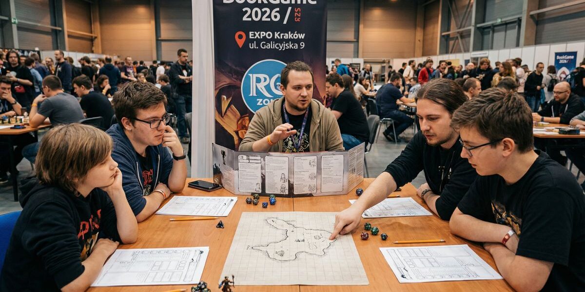 Grupa graczy przy stole rozgrywa sesję RPG na konwencie BookGame 2026 w EXPO Kraków, z mapą, kośćmi i kartami postaci.