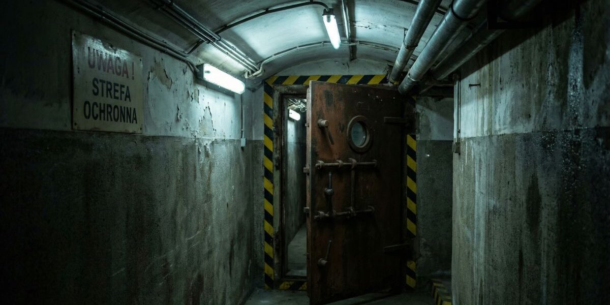 Mroczny korytarz schronu z rurami pod sufitem i ciężkimi, otwartymi drzwiami pancernymi; na ścianie tablica „Uwaga! Strefa ochronna”.
