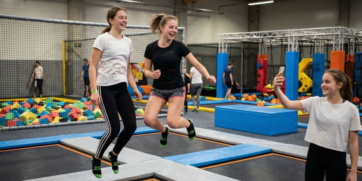 Nastolatki bawią się w parku trampolin; dwie dziewczyny skaczą, a koleżanka robi im selfie telefonem.