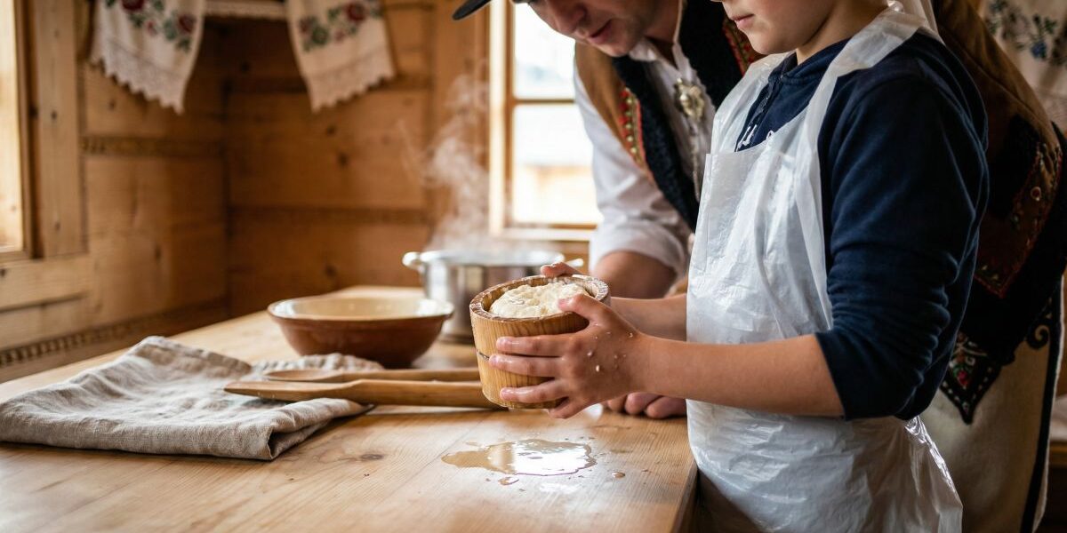 Dziecko w fartuchu trzyma miskę z ciastem i uczy się tradycyjnego przygotowywania potraw pod okiem instruktora w drewnianej chacie.