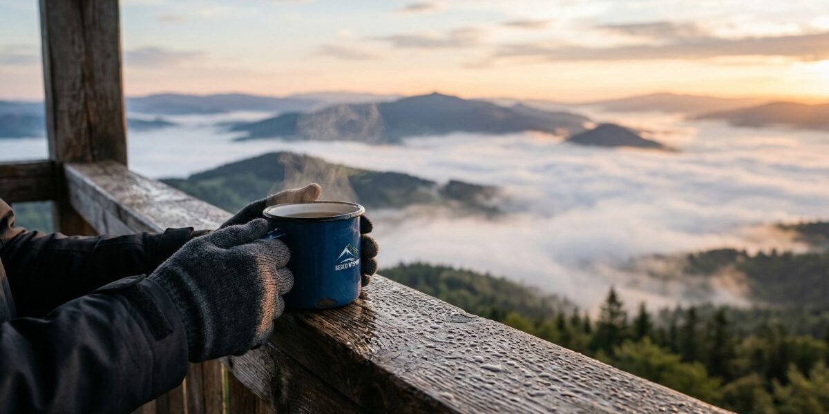 Widok z górskiego tarasu: kubek z gorącym napojem na mokrej drewnianej poręczy, w tle doliny przykryte mgłą.