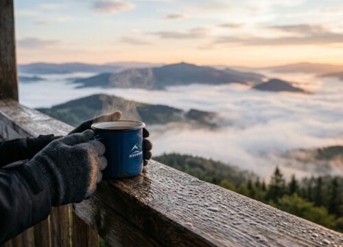 Widok z górskiego tarasu: kubek z gorącym napojem na mokrej drewnianej poręczy, w tle doliny przykryte mgłą.