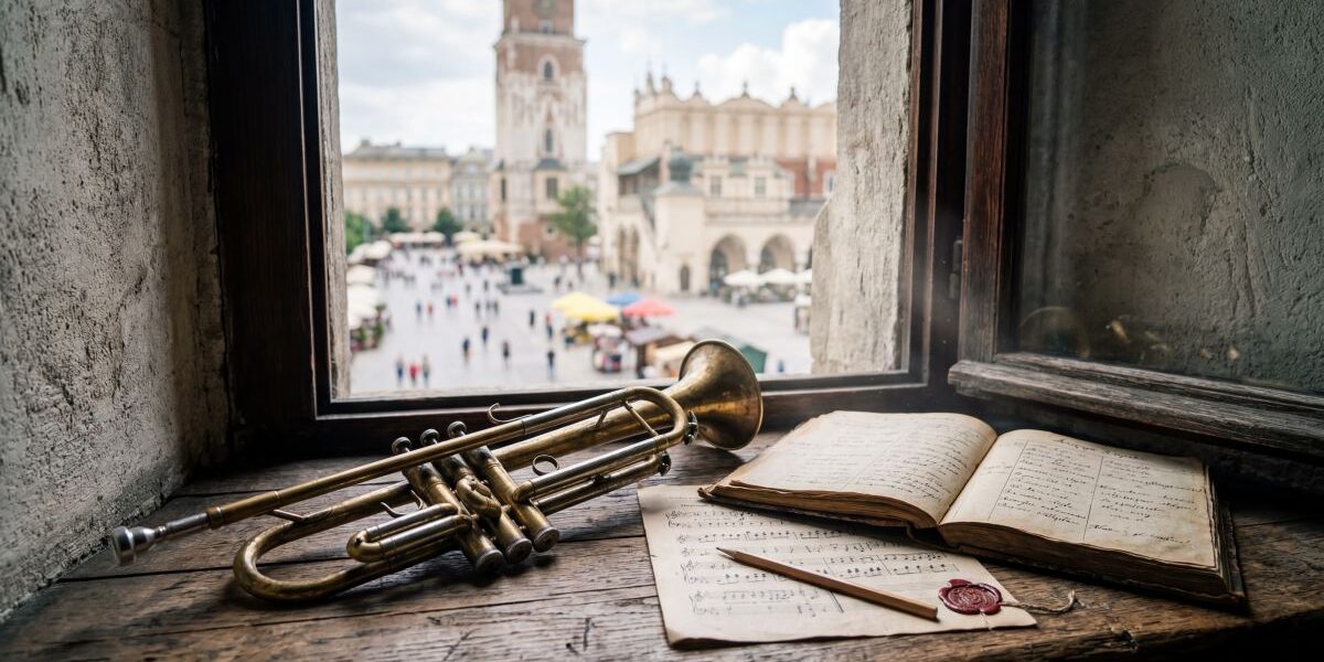 Na parapecie przy oknie spoczywa trąbka oraz stare zapiski i nuty; w tle panorama krakowskiego Rynku z wieżą ratuszową.