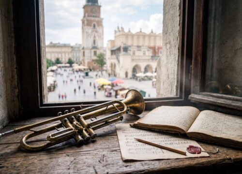 Na parapecie przy oknie spoczywa trąbka oraz stare zapiski i nuty; w tle panorama krakowskiego Rynku z wieżą ratuszową.