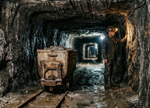 Górnik w kasku z lampką stoi w podziemnym chodniku kopalni obok wagonika na torach, oświetlonego lampami tunelu.