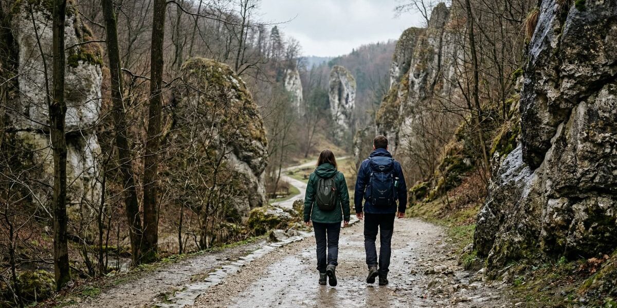 Dwie osoby z plecakami idą leśną ścieżką między wapiennymi skałami w dolinie pod Krakowem, w pochmurny marcowy dzień.