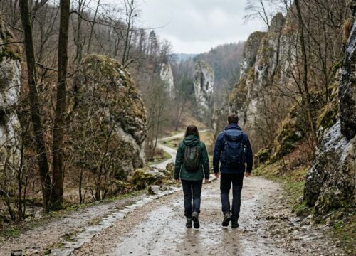 Dwie osoby z plecakami idą leśną ścieżką między wapiennymi skałami w dolinie pod Krakowem, w pochmurny marcowy dzień.
