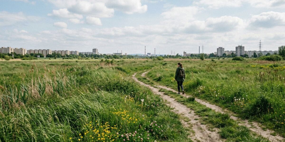 Osoba spaceruje polną ścieżką przez zielone obrzeża miasta, ilustrując zaskakujące i nieoczywiste miejsca w Krakowie poza utartym szlakiem.