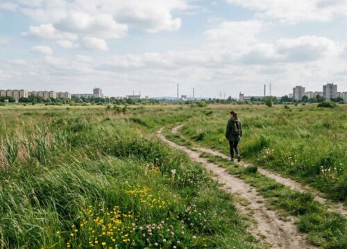 Osoba spaceruje polną ścieżką przez zielone obrzeża miasta, ilustrując zaskakujące i nieoczywiste miejsca w Krakowie poza utartym szlakiem.