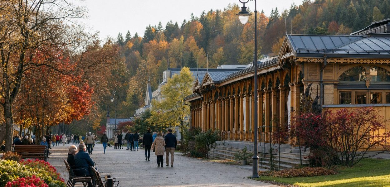 Deptak zdrojowy w Krynicy-Zdroju wczesną jesienią, drewniana pijalnia i spacerowicze.