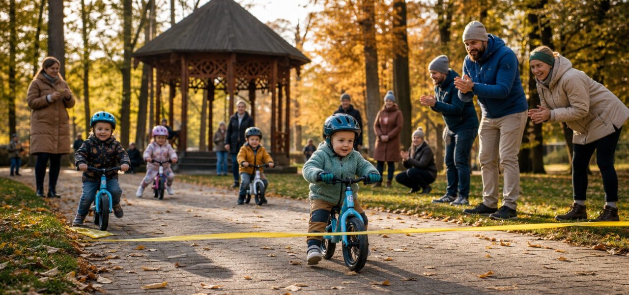Dzieci na rowerkach biegowych podczas rodzinnych zawodów w parku zdrojowym, jesienne liście na alejce.