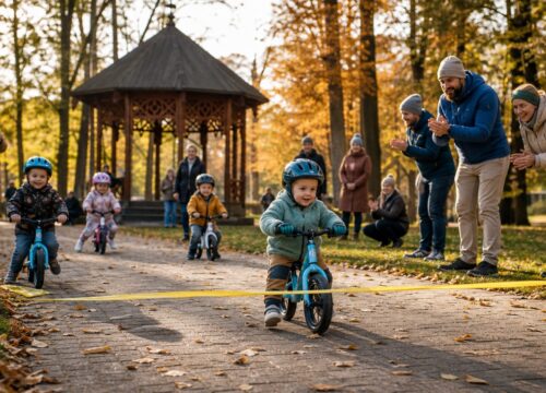 Dzieci na rowerkach biegowych podczas rodzinnych zawodów w parku zdrojowym, jesienne liście na alejce.