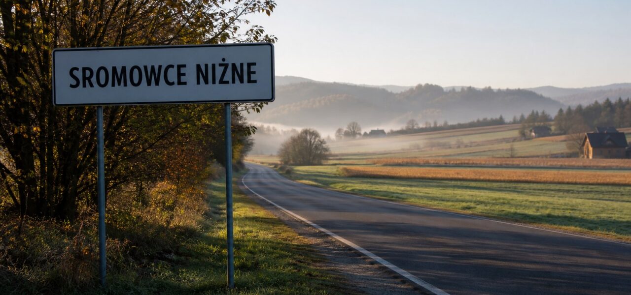 Drogowskaz z nazwą małopolskiej wsi na tle jesiennych wzgórz i pól.